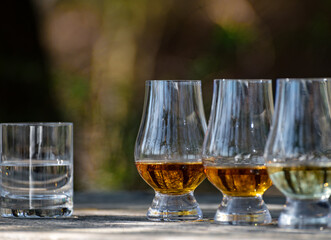 Tasting of scotch single malt whisky from Islay island, most intensely flavoured of all whiskies in Scotland