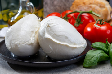 Fresh handmade soft Italian cheese from Campania, white balls of buffalo mozzarella cheese made from cow milk ready to eat