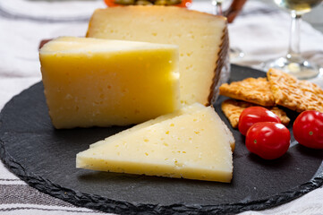 Spanish tapas, manchego cheese made from sheep milk and green olives