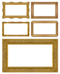 Set of golden frames for paintings, mirrors or photo isolated on white background