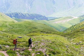 Mountain range on a hiking trail from Gergeti Trinity Church to Gergeti Glacier. a famous landscape in Kazbegi, Mtskheta-Mtianeti, Georgia.