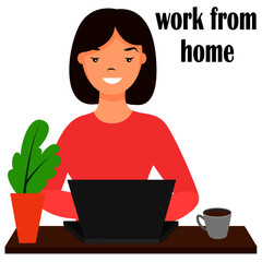 vector illustration in flat style, work, woman working from home, isolate on white background