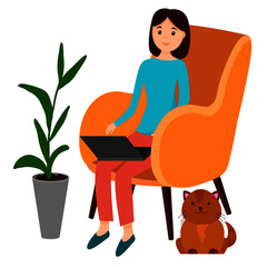 vector illustration in flat style, work, woman working from home, isolate on white background