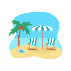 Fototapeta na wymiar Beach scene with umbrella and beach chairs. Summer vacation concept.