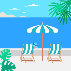 Summer vacation concept with umbrella and beach chairs.