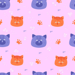 Cute baby pattern with cats. The face of the cat. Vector illustration on a pink background.