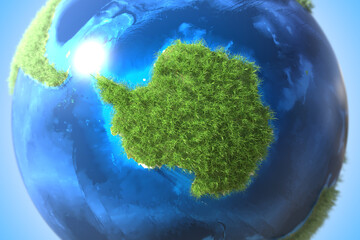 Antarctica continent covered with green grass on the globe. Dramatic climate change related conceptual 3D rendering © Alexey Novikov