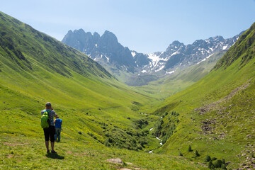 Juta valley near Caucasus mountain. a famous landscape in Kazbegi, Mtskheta-Mtianeti, Georgia.