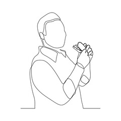 Continuous line drawing of man hold and eat hamburger fastfood. One line art of diabetes concept. Vector illustration