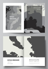 Vector layout of two A4 format cover mockups design templates for bifold brochure, flyer, cover design, book design, brochure cover. Landscape background decoration, halftone pattern grunge texture.