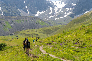 Fototapeta na wymiar Juta valley near Caucasus mountain. a famous landscape in Kazbegi, Mtskheta-Mtianeti, Georgia.