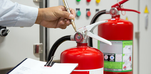 Fire fighter are checking fire extinguishers tank in the building concepts of fire prevention...