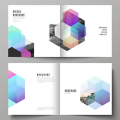 Vector layout of two covers templates with colorful hexagons, geometric shapes, tech background for square design bifold brochure, flyer, magazine, cover design, book design, brochure cover.
