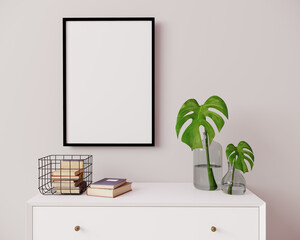 Horizontal frame mockup in modern interior background. Empty frames above white chest of drawers with beautiful decor. Scandinavian style, frame mockup, 3d rendering