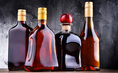 Bottles of assorted alcoholic beverages.