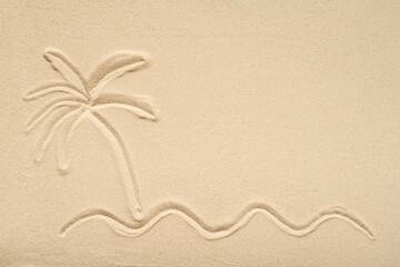 Drawing on sand illustrates a relaxing tropical beach scene with sea, a palm tree and sun. Travel, summer concept. Creative.