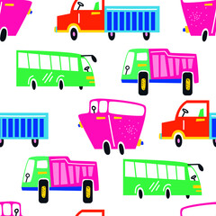 Seamless vector  pattern with hand drawn cute cars. Cartoon cars, road sign,children  illustration.Perfect for kids fabric,textile,nursery wallpaper
