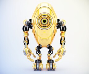 Sleek orange long robotic beetle with one big eye camera in frontal pose, 3d rendering
