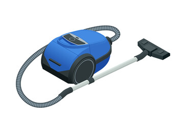 Isometric vacuum cleaner isolated on white background. Blue vacuum cleaner. Cleaning service concept. Disinfection and cleaning.