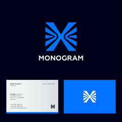 Naklejka premium X letter. X monogram consist of blue letter X and arrows on a dark background. Logo can use for digital, logistic, web company.