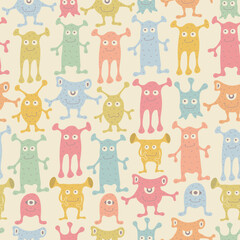 Cartoon seamless pattern with cute monsters. Kid funny background in vintage colors 