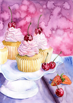 Watercolor cupcakes painting, cupcakes illustration , jpg