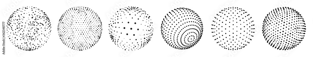 Poster abstract 3d dots sphere. vector set of sphere shape design with abstract black dots, global halftone