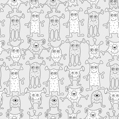 Monsters and alien seamless pattern in black and white. Colored cartoon background for kids 