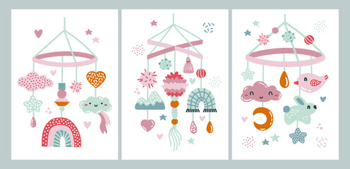 Set of cute scandinavian posters with nursery mobiles. Hand drawn vector illustration