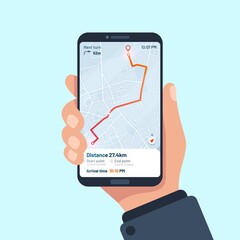 Smartphone navigation app. Vector gps mobile application, smartphone city location, route on phone illustration
