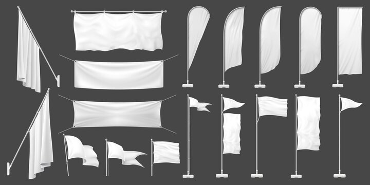 White flags. vector realistic set. Illustration realistic white flag, blank banner frame canvas for advertising, advertisement mockup flagpole