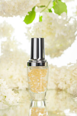 Beauty spa medical skincare and cosmetic lotion bottle cream packaging product on white decor background with summer water pool fresh concept with hydrangea flowers .