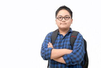 Portrait of smart boy student wear eye glasses and carries school bag isolated