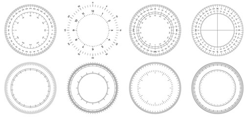 Round measuring circles. 360 degrees scale circle with lines, circular dial and scales meter vector set. Illustration circle degree, meter circular 360, measurement time or angle