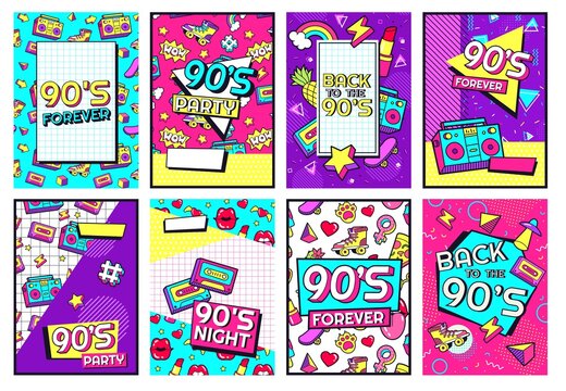 Retro 90s poster. Nineties forever, funky 1990s music night party posters and pop flyer card vector set. 1990s pattern entertainment invitation with cassette and memphis pattern illustration