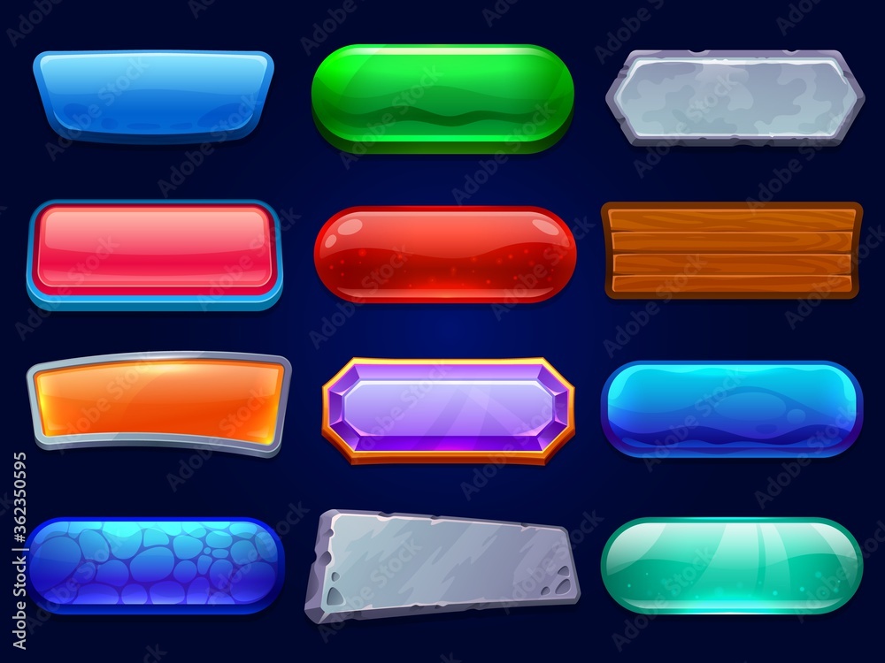Poster game buttons. gaming options panel, menu interface frames and game ui button cartoon vector illustra