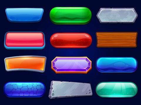 Game buttons. Gaming options panel, menu interface frames and game UI button cartoon vector illustration set. Ui app, gui banner interface, web board panel