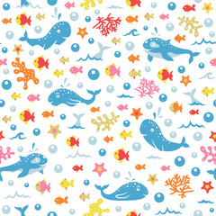 Naklejka na ściany i meble Sea seamless pattern with cute cartoon whales, fishes, corals and water bubbles on white background 