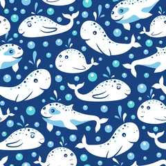 Fotobehang Cute whales seamless pattern in blue and white colors  © Iuliia