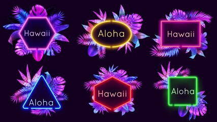 Neon aloha badges. Hawaii palm trees leaves with neon lights, summer banner frame with tropical plants vector illustration set. Neon tag badge, light lettering graphic, bright monstera electric © Tartila