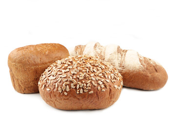 Assortment of different types of bread isolated on a white background