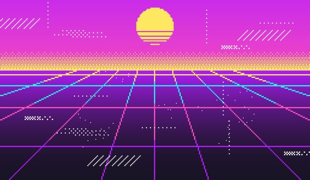 Vaporwave Background For Disco, Virtual Trendy, Glow Vintage Retrowave 90s, Futuristic Neon Space. Vector Illustration