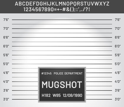Mugshot template. Police lineup mugshot board with plastic alphabet and signs for criminals photo vector illustration. Criminal height wall, suspect and danger