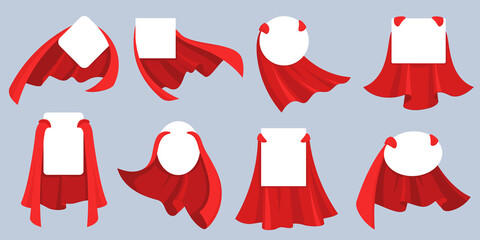 Red hero cape label. White empty badges with super hero, power man cloak. Cartoon vector mockup for kids product advertising. Super cloak hero for discount banner, child fashion mantle illustration - obrazy, fototapety, plakaty