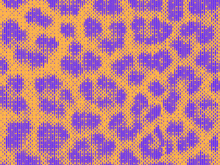 Leopard pixel art style stains pattern design. Dotted Vector Illustration Background. Animal Fur. Violet, Purple, Orange.