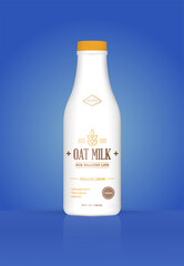 Oat Milk Oatmeal Bottle with Colorful Background. Healthy Organic Product. Vector Illustration. Advertising Template. Print.