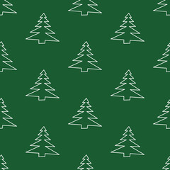 Seamless pattern made from doodle abstract fir trees on green background. Vector stock illustration.