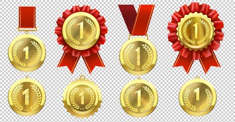 Realistic gold medal. Champion medals with number one and red ribbons. Sports competition first prize, leadership achievement vector set. Champion gold winner, golden medal achievement illustration - obrazy, fototapety, plakaty