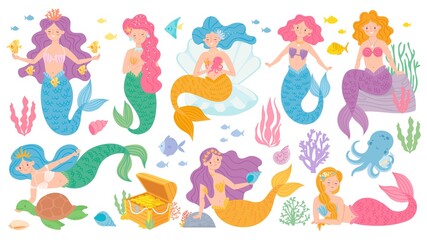 Fototapeta na wymiar Cute mermaids. Fairytale underwater princess, mythological sea creatures, dolphins, treasure chest. Magic kids world vector game characters. Fairytale underwater, sea mermaid fantasy illustration