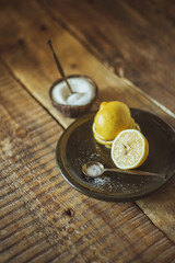 healthy food in the morning. Sliced lemons.